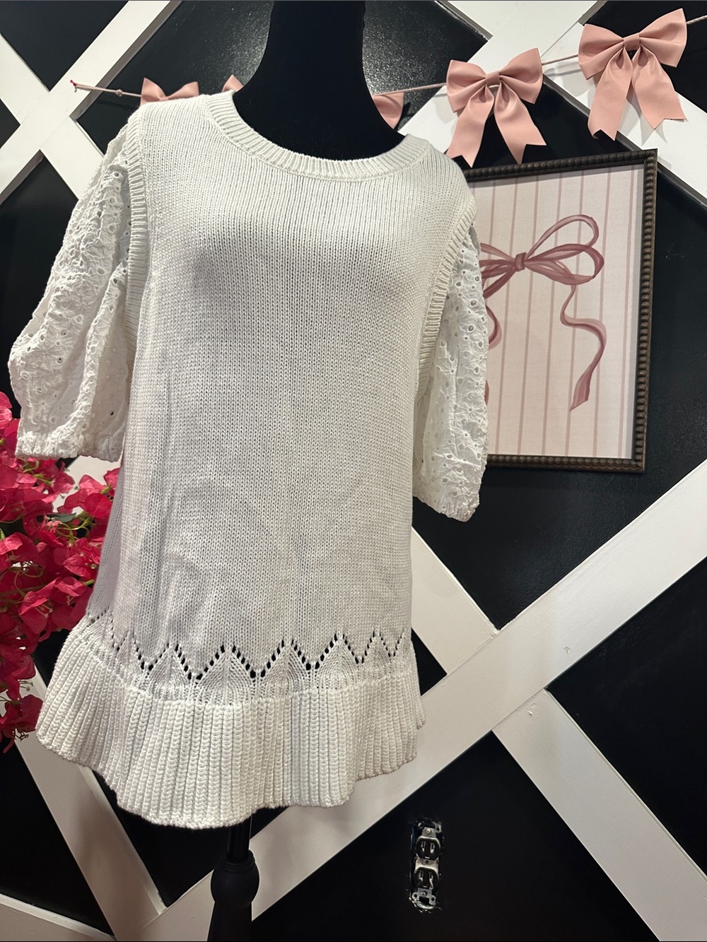 White Lace-Sleeve Knit Top - Elegant Women's Pullover